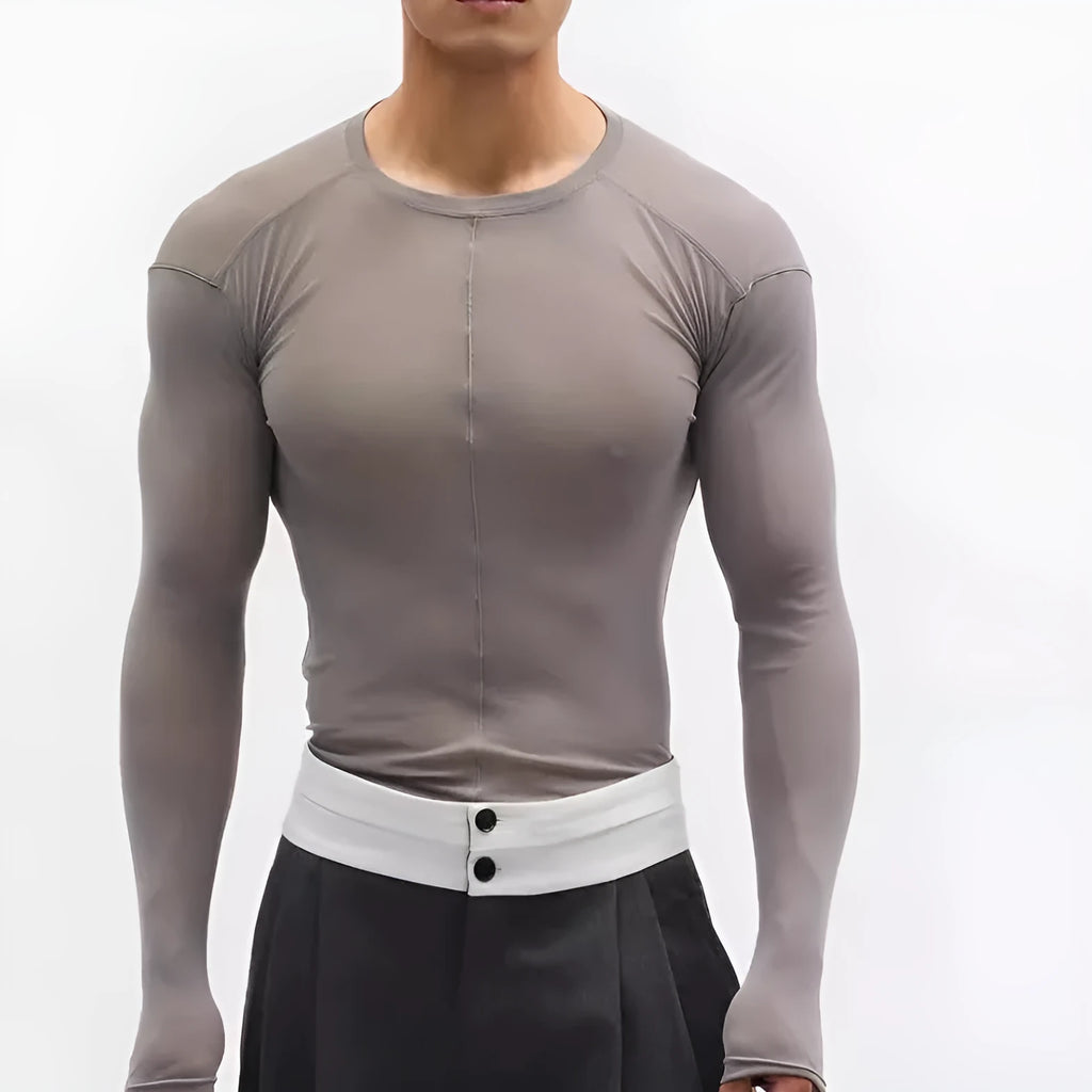 Black slim-fit women's pullover with mesh see-through texture and long sleeves.