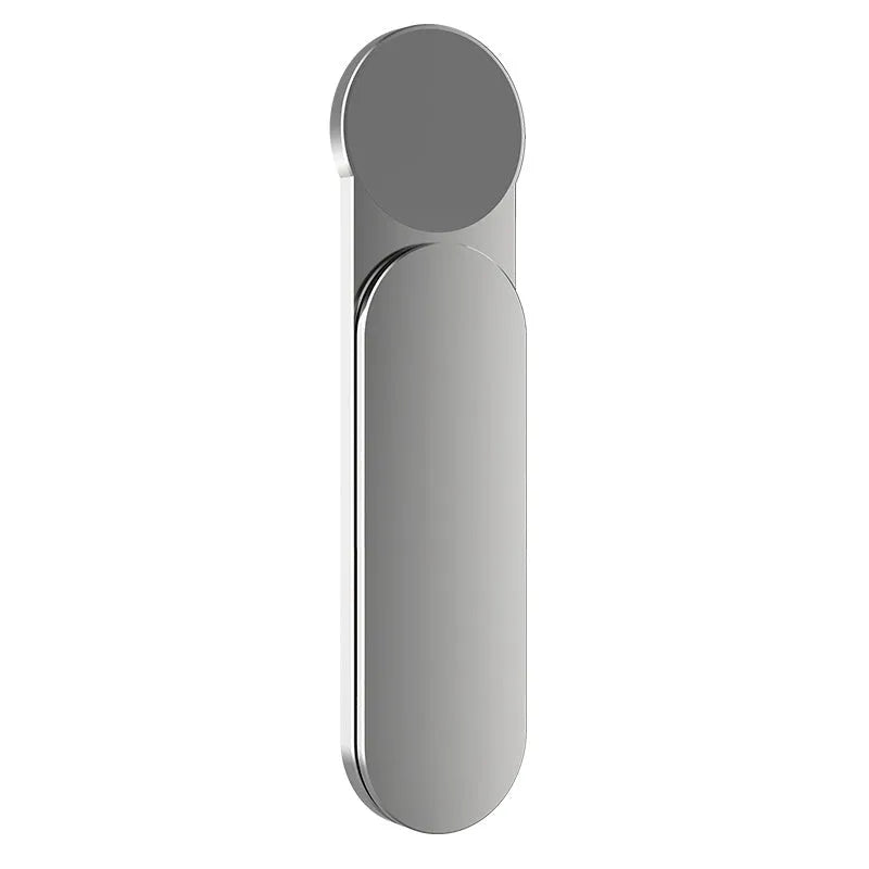 Silver aluminium alloy dual screen extension bracket with magnetic mobile phone holder on a desk.