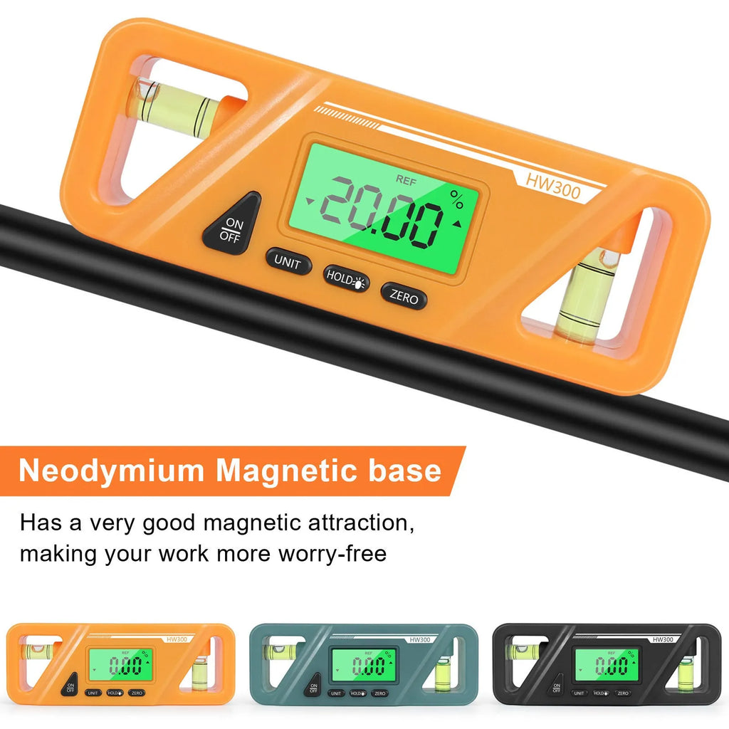 HW300 digital inclinometer with magnetic base and LCD display showing an angle reading.