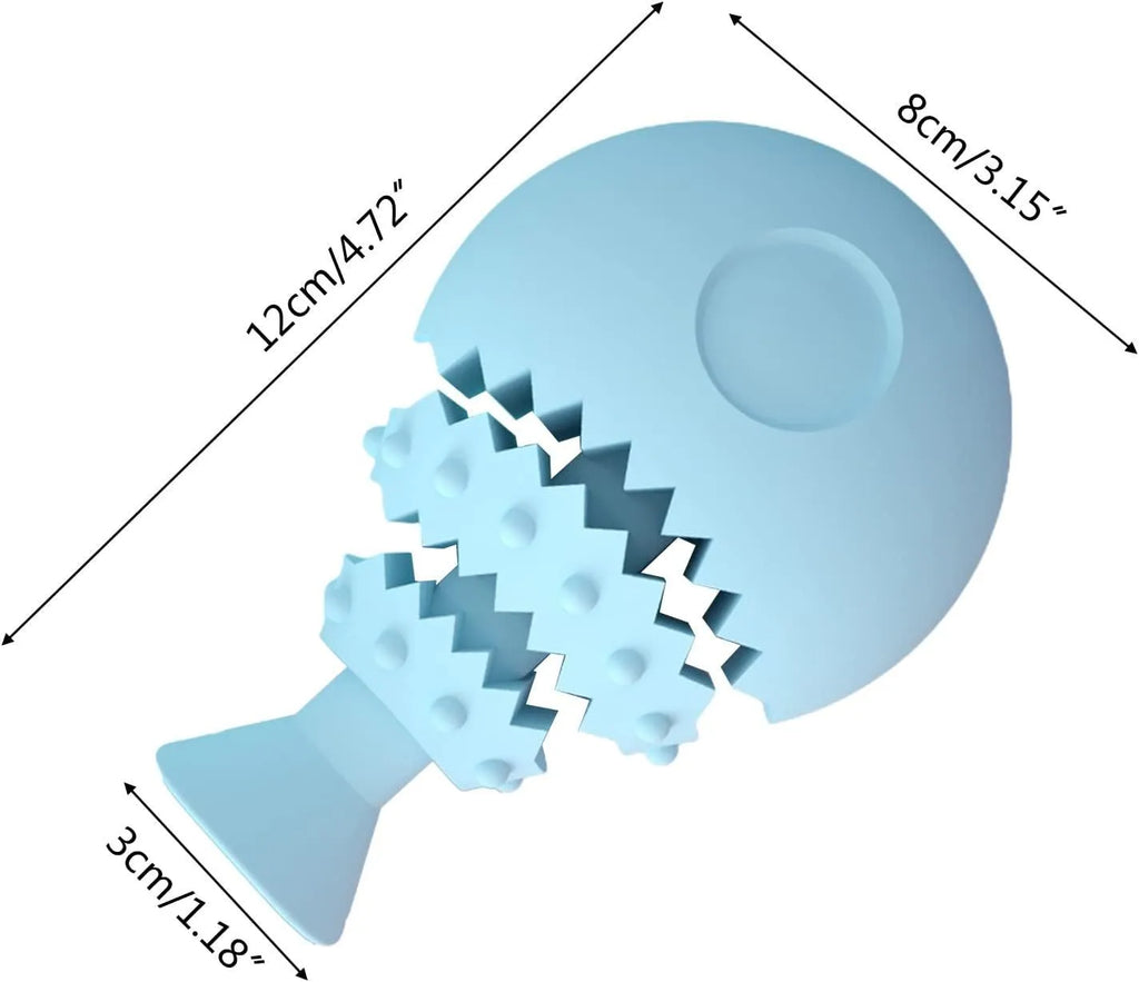 Blue fish bone shaped soft dog chew toy with a hole for treats on a white background.
