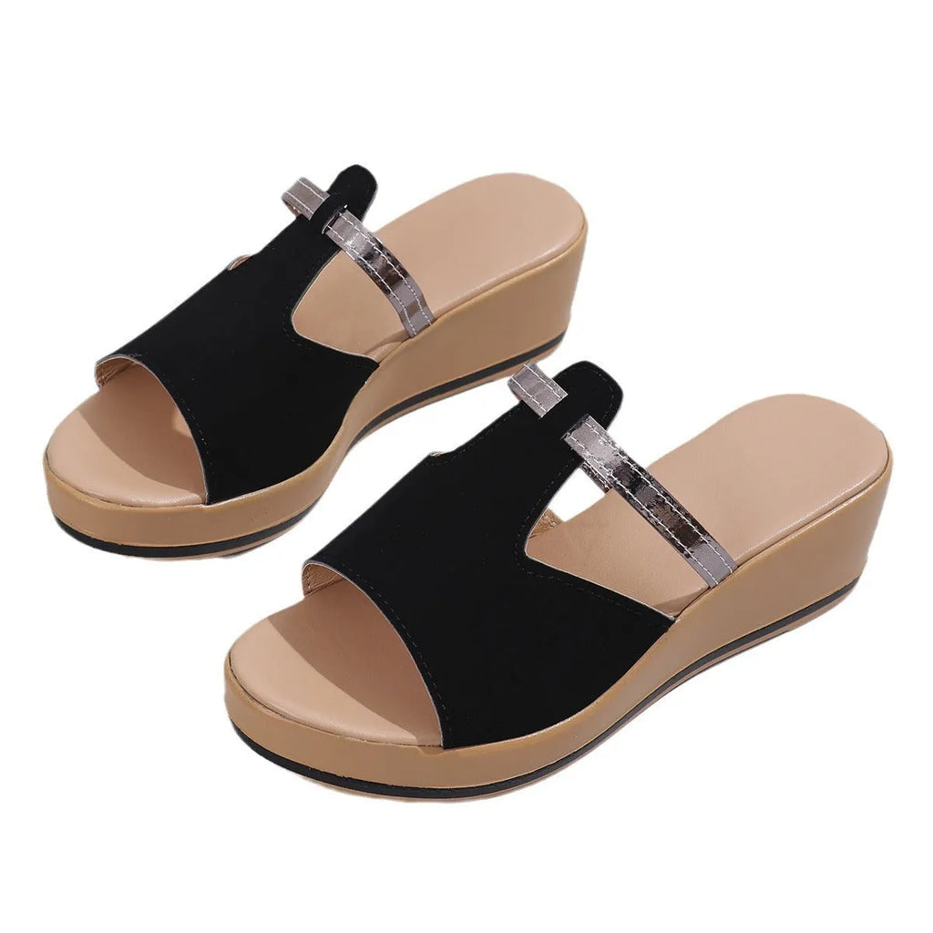 Women's summer peep-toe wedge sandals with thick sole, PU upper, available in Black White Champagne sizes 36-43