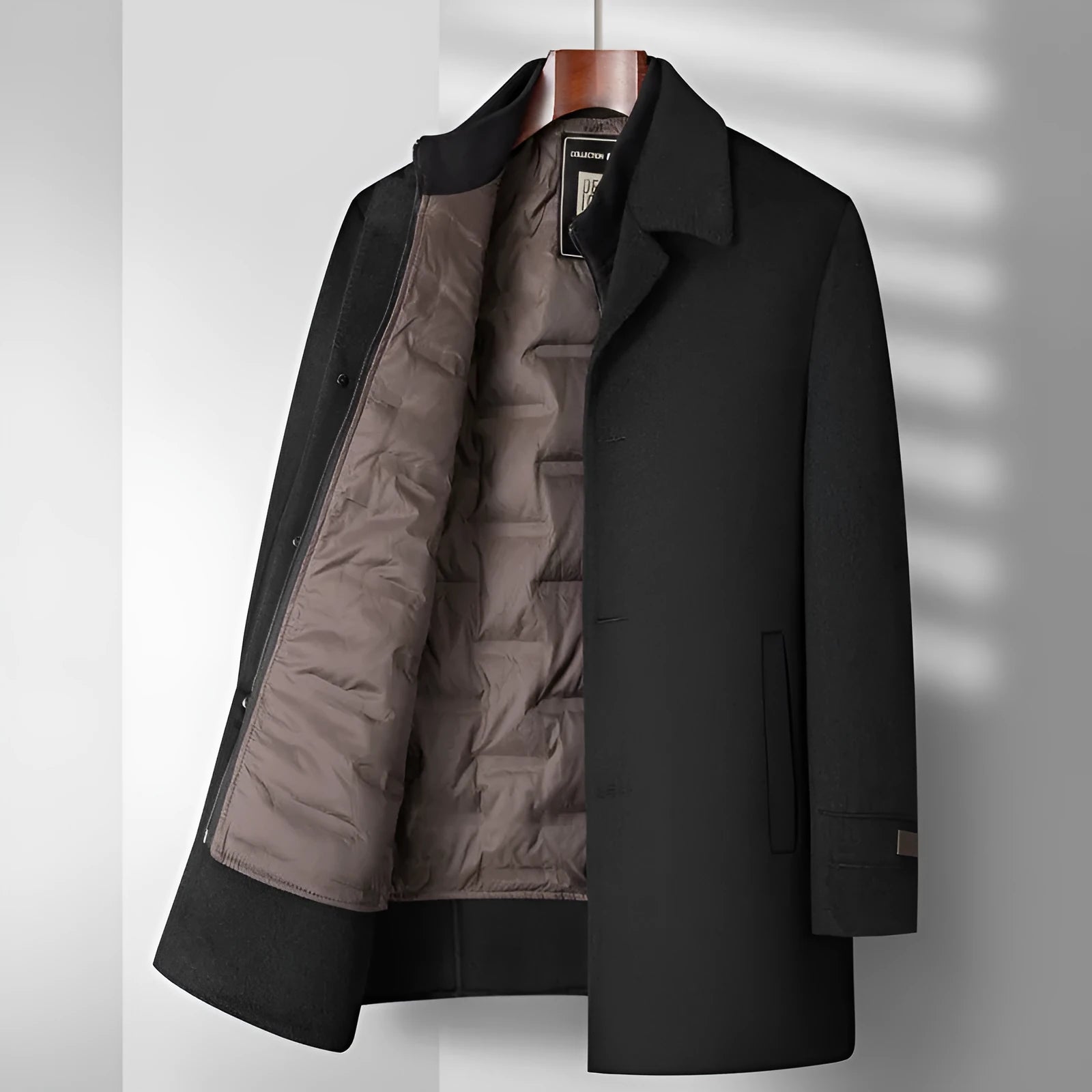 Men's mid-long wool double-faced overcoat with detachable down inner lining, black, visible stitch pockets, slim fit