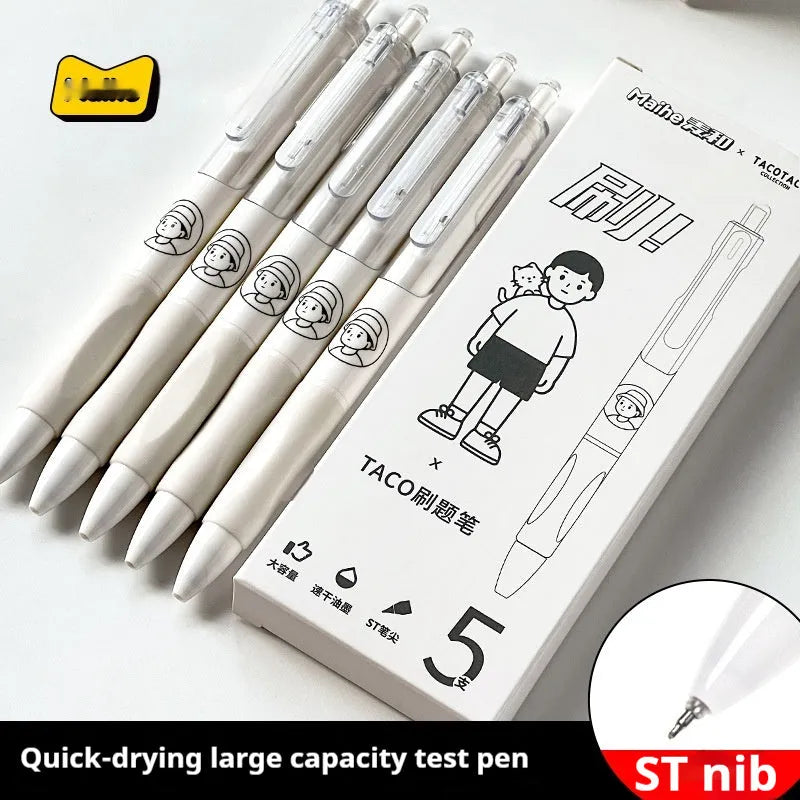Five black Taco ballpoint pens with 0.5mm tips arranged together