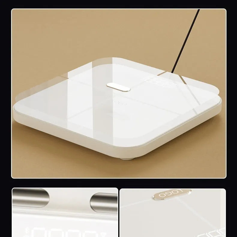 White professional body fat scale with eight electrodes and large tempered glass platform
