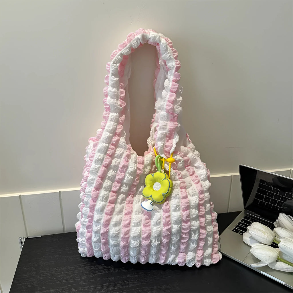 Women's soft pleated bubble shoulder bag in square vertical design with detachable pendant charm