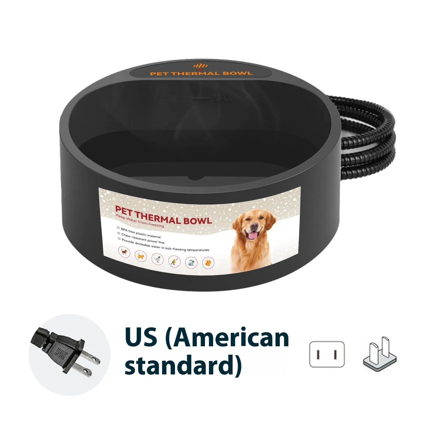 Black ABS pet heating bowl with constant temperature control for cat and dog food