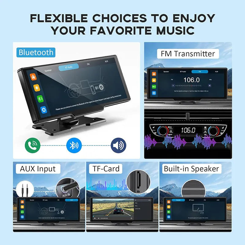 10.26-inch black car navigation device with touch screen showing split display of GPS map and dual camera feeds