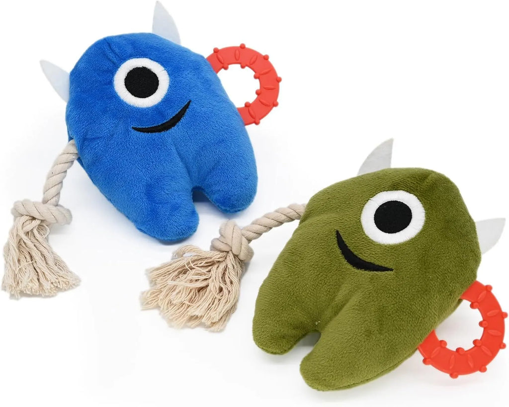 Blue and green monster plush dog toy with integrated cotton rope and squeaker.