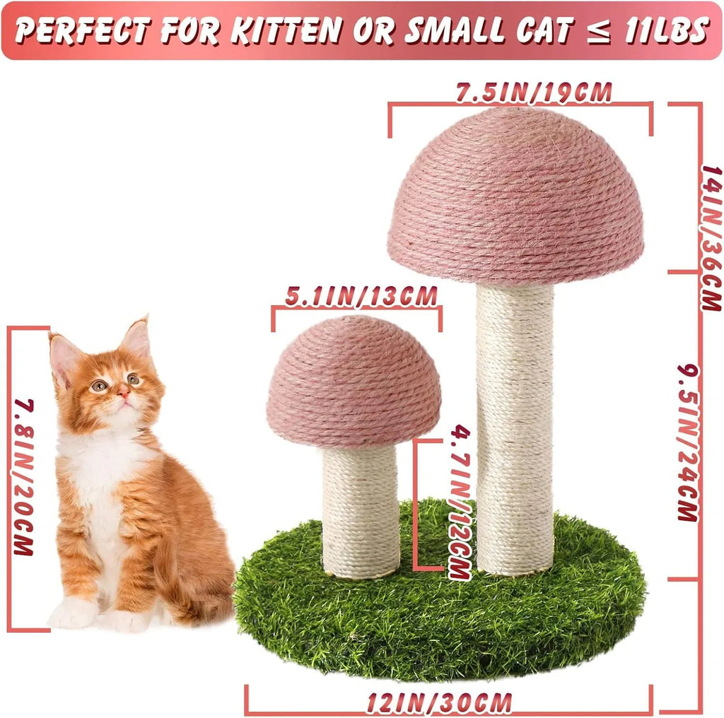 Pink mushroom-shaped cat scratching post with sisal caps for small cats