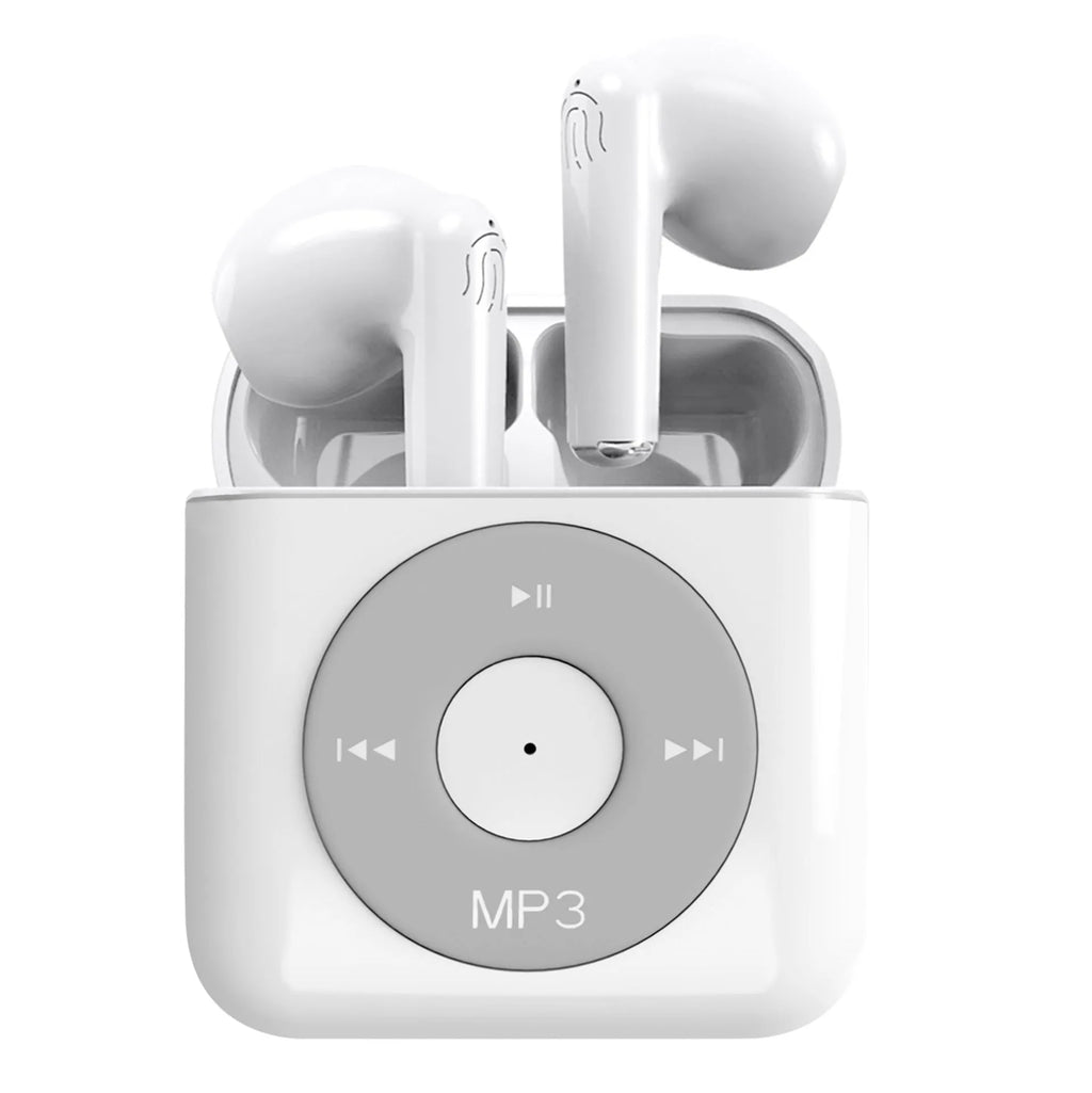 White wireless Bluetooth semi-in-ear earphones with a charging case on a white background.