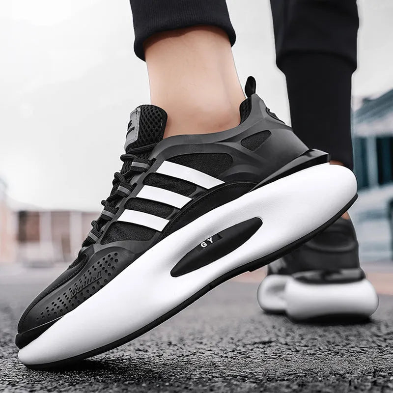 Men's mesh breathable running sneakers in white with green trim, rubber sole, front lacing, round toe