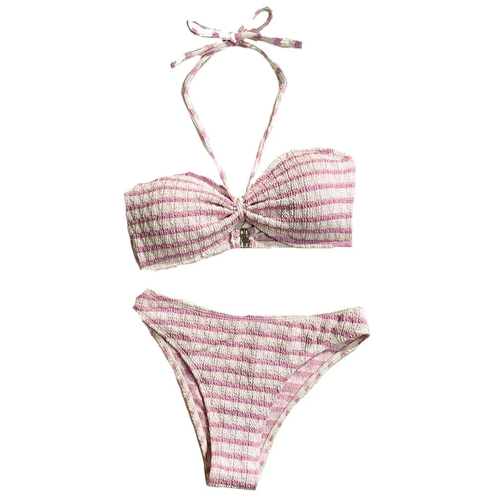 Women's pink and black striped bikini swimsuit with briefs style on a mannequin.
