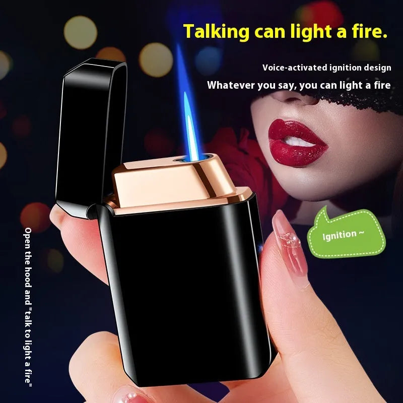 Voice-controlled Blow-and-blow Ignition Torch Lighter with Metal Construction, Wind Resistance, Available in Black Ice, Gold Brushed, Blue Ice, Nickel Brushed, Silver Brushed, HT-2303 Gift Box Set for Everyday Use
