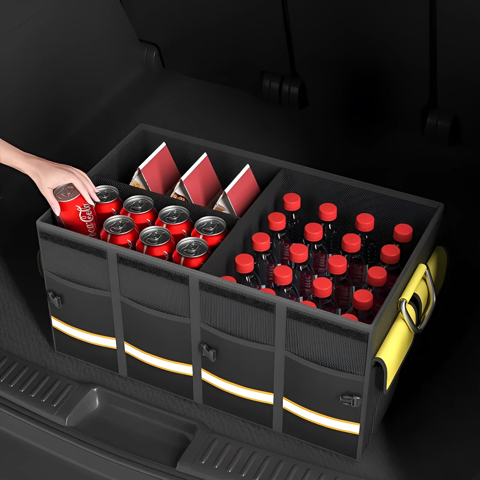 Black and yellow foldable fabric car trunk storage organiser bag with carry handle.