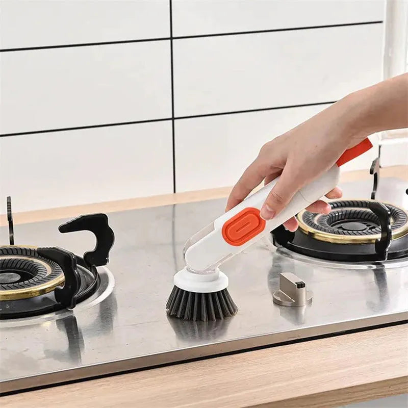 White and red long-handle kitchen brush with liquid dispenser and two brush heads