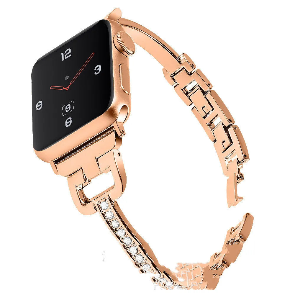 D-shaped metal diamond-pattern watch strap for Apple Watch in gold colour, shown next to 38mm and 42mm size options.