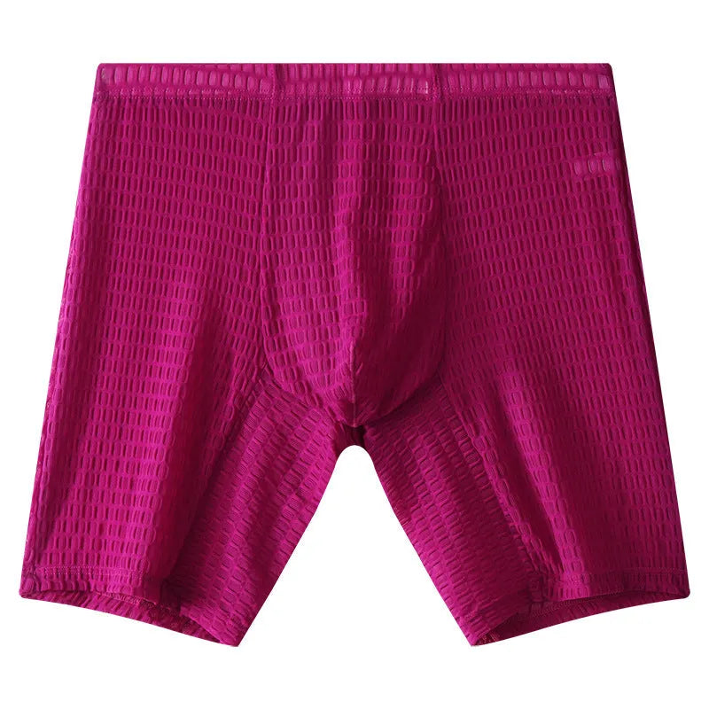 Men's transparent lace boxer shorts in a lengthened, mid-waist design, shown in multiple colour options.