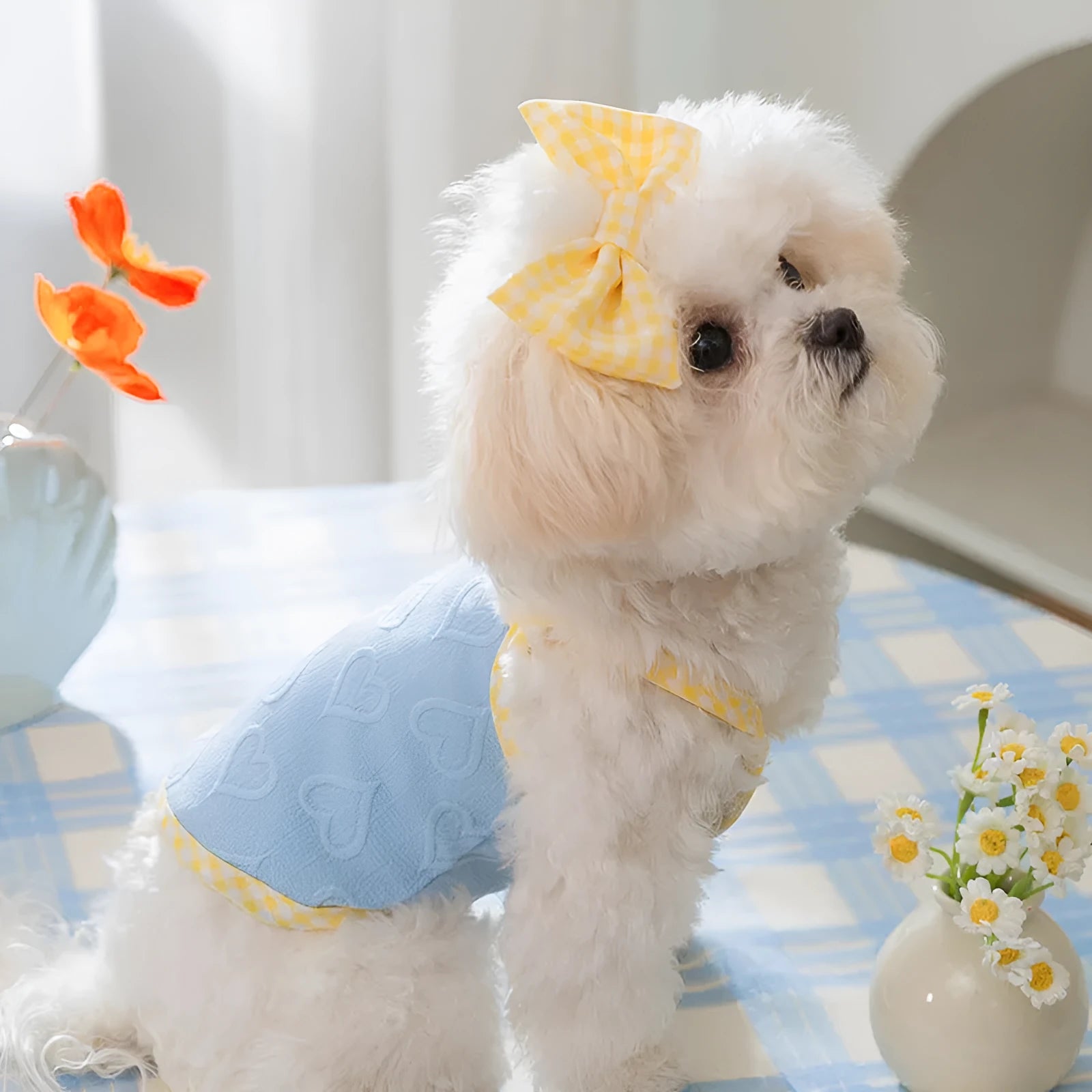Small dog wearing a blue elastic vest with a heart texture bow on the front.