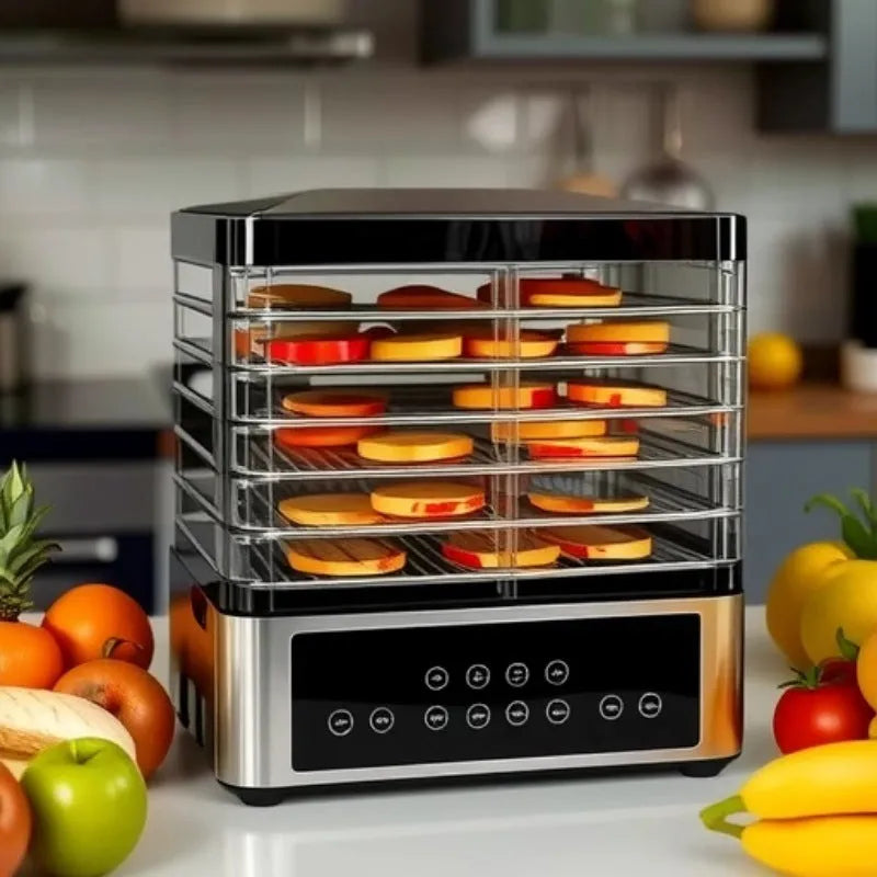 Silver stainless steel fruit dehydrator with 14 litre capacity and digital temperature control display