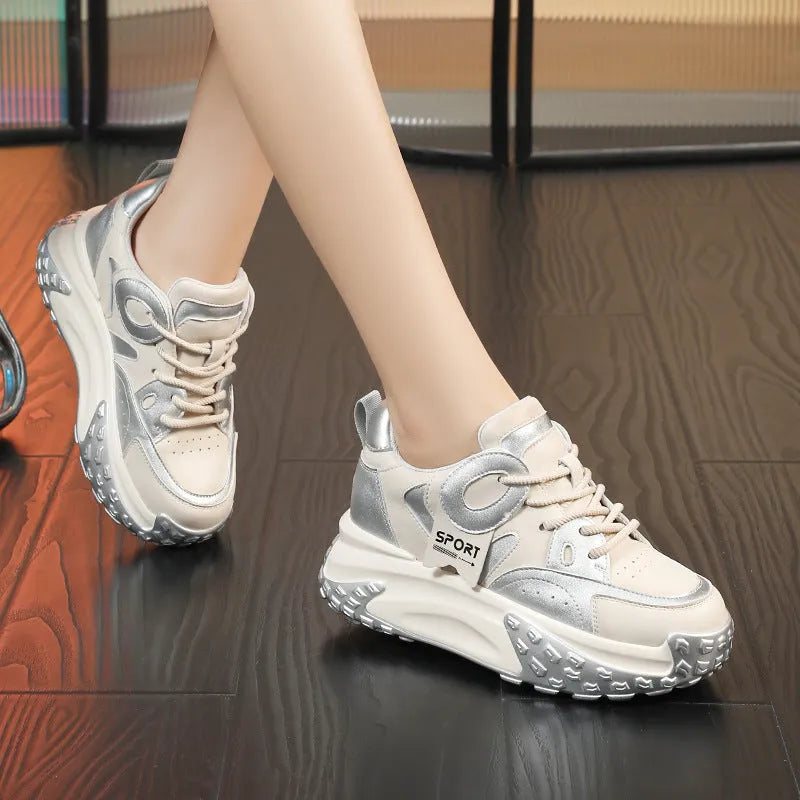 Men's thick-soled leather casual shoes in silver colour with lace-up front and wedge heel.
