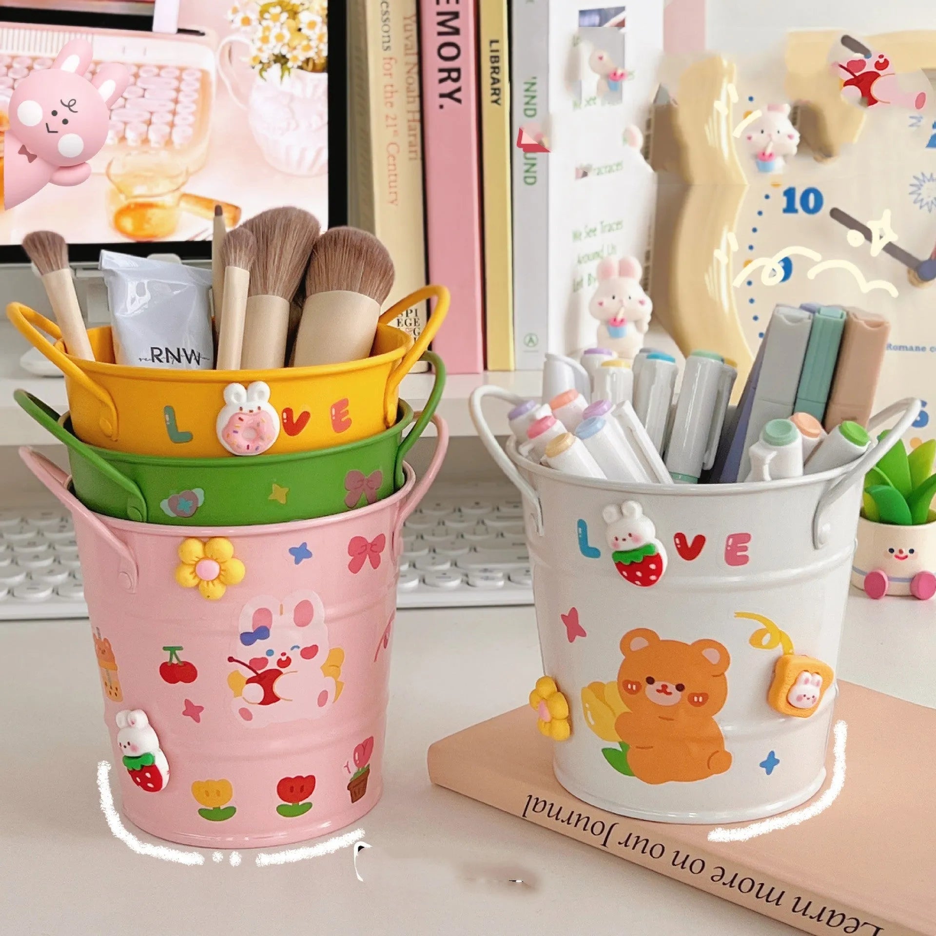 Round metal desktop pen holder in multiple colours with creative iron art design