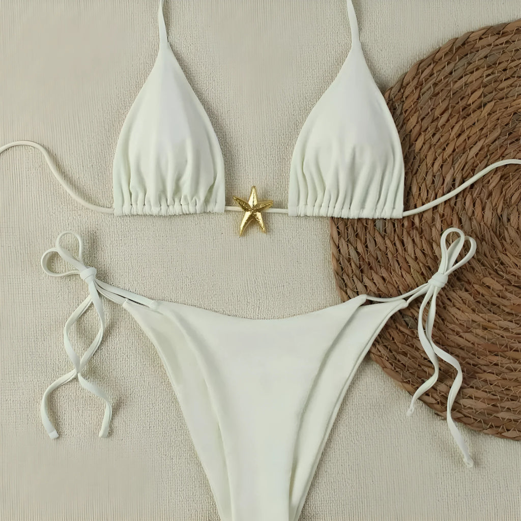 Women's pure colour nylon bikini set in milky white, briefs style, sizes S M L