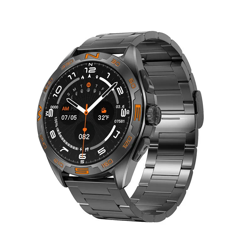 Men's smart watch displaying health stats on IPS screen, in black steel finish with metal strap.