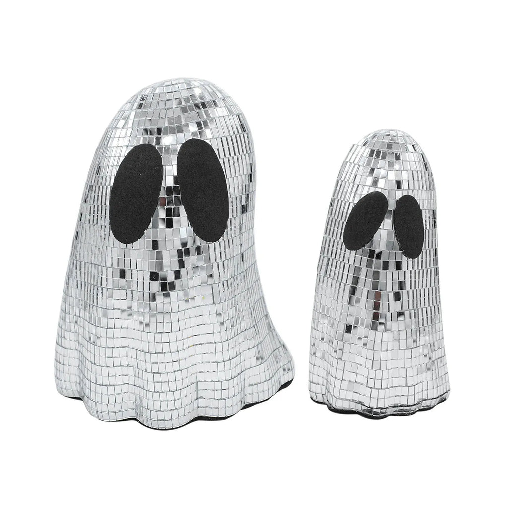 Silver Halloween ghost decoration with mosaic mirror patches for desktop display