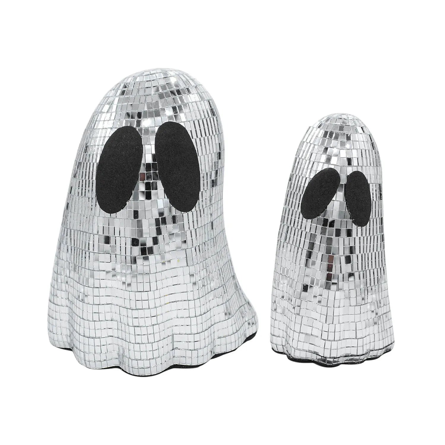 Silver Halloween ghost decoration with mosaic mirror patches for desktop display