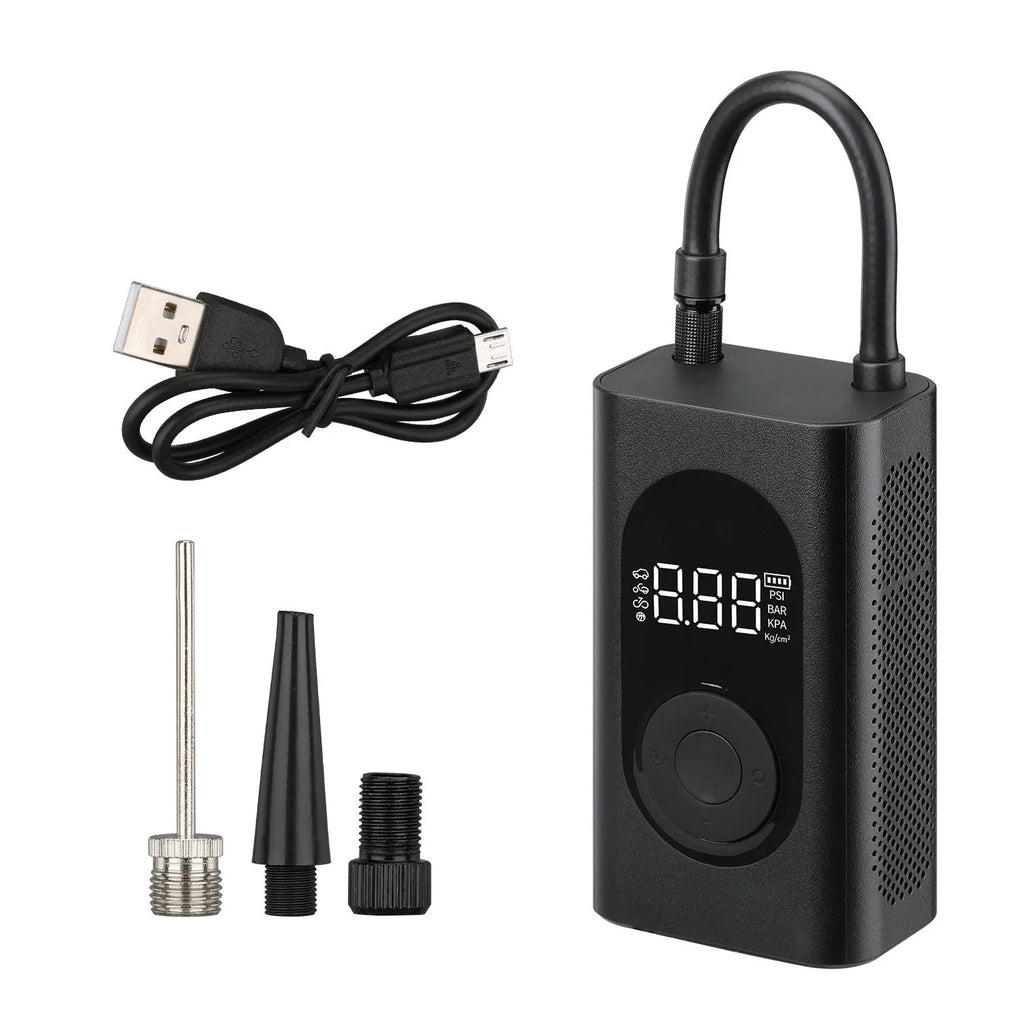 Portable wireless tyre pump with power bank and flashlight functions for multiple vehicle types