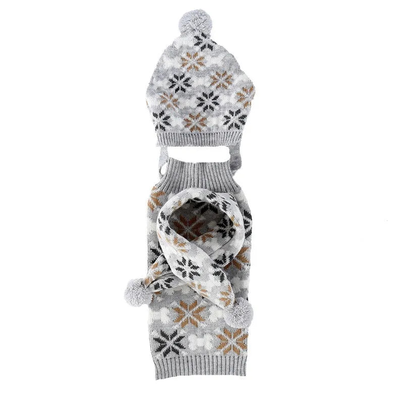 Grey Japanese-style jacquard knit sweater, hat and scarf set for a small dog on a mannequin.