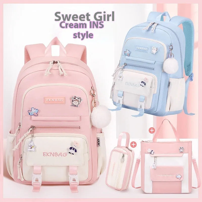 Pink waterproof Oxford cloth school backpack for girls with curved shoulder straps