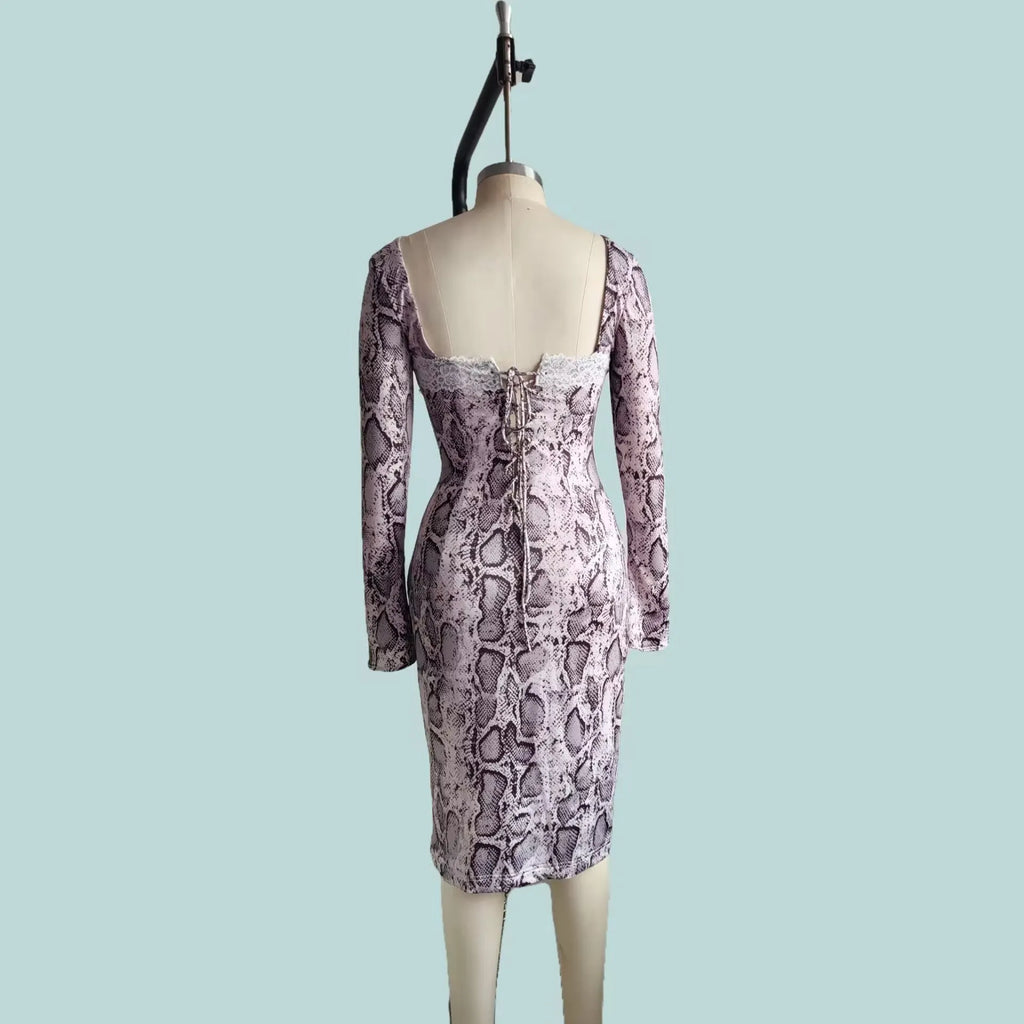 Grey digital printed lace dress with 3D pattern, slim fit, A-line skirt, and long sleeves
