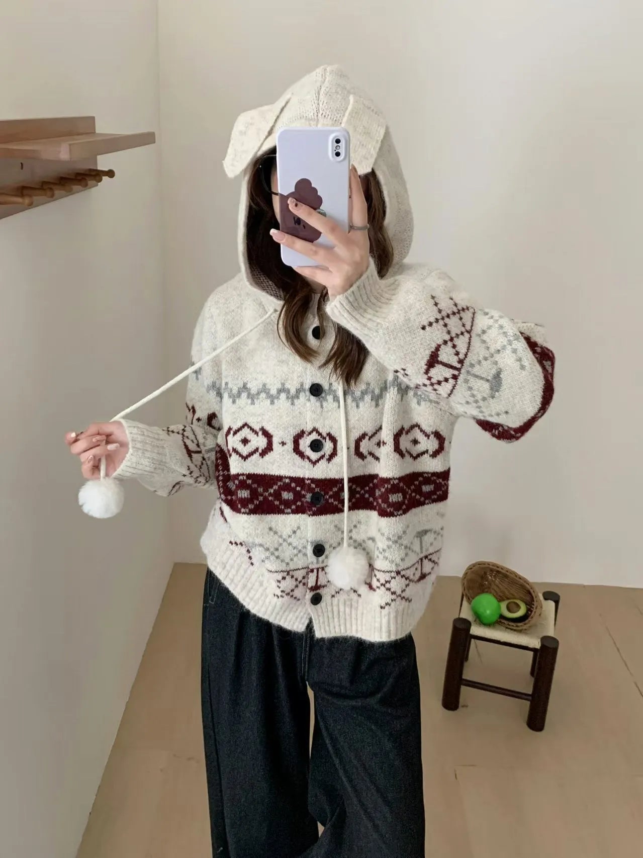 Geometric pattern brocade sweater coat for plus size women in milky white colour