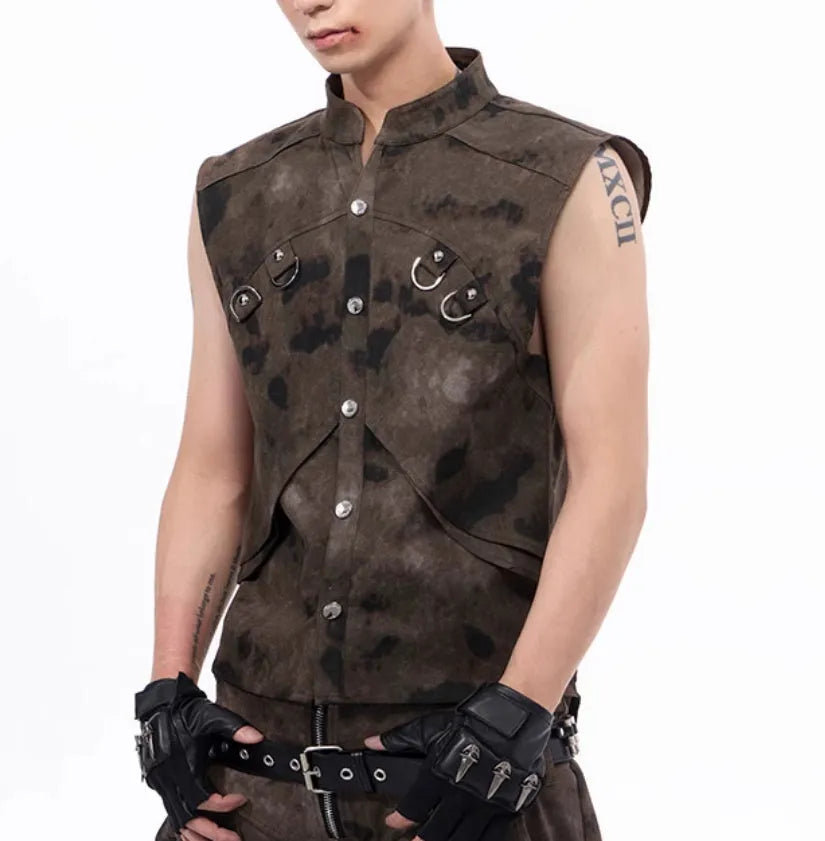 American retro camouflage denim vest and trousers set with semi-high collar and button front