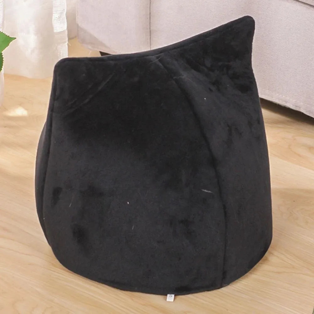Cat-shaped covered pet bed with plush material and anti-slip bottom in two size options