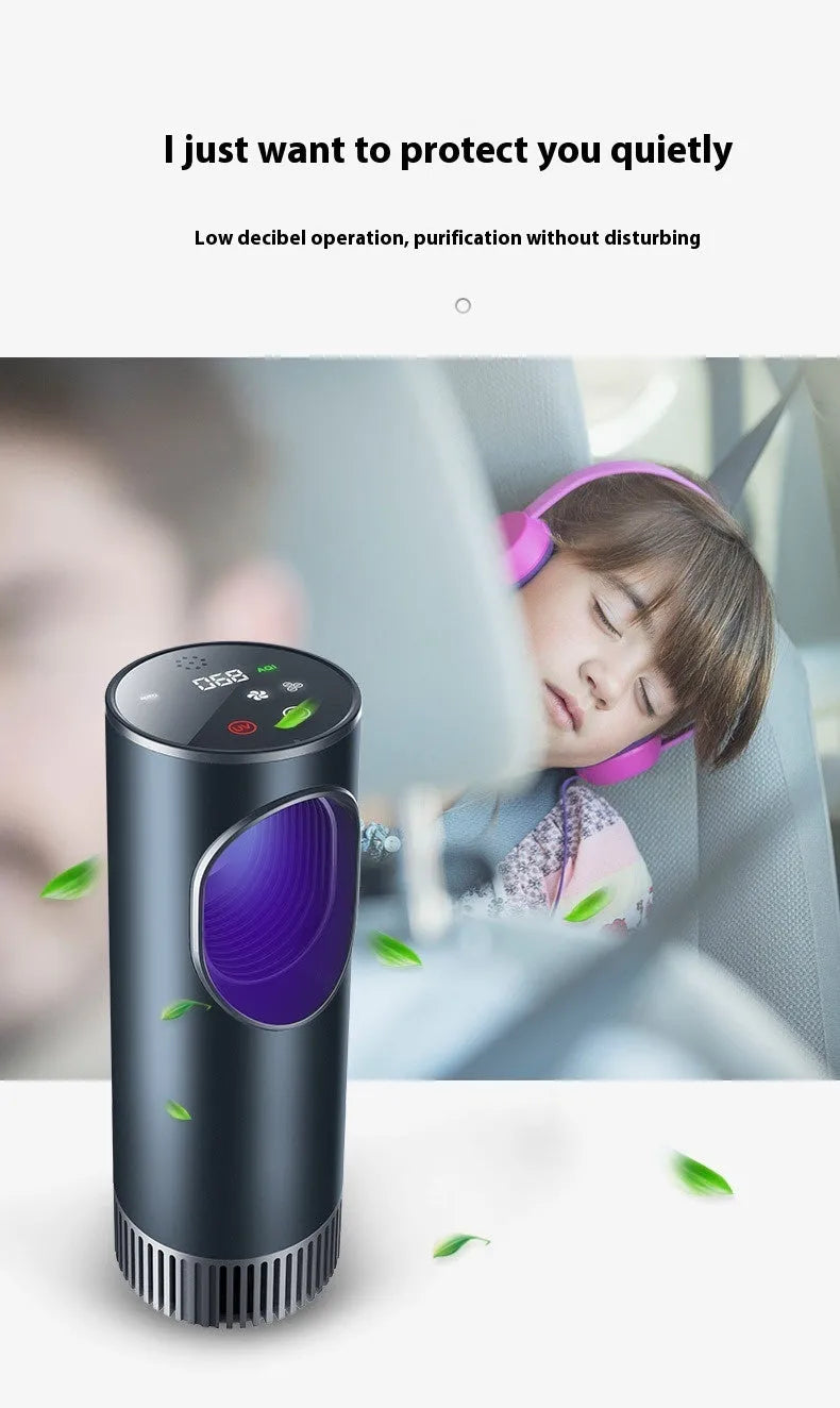 Black car air purifier with USB cable for vehicle cabin formaldehyde removal and negative ion generation