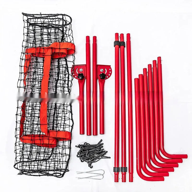 Red portable ball training net with metal frame set up for practice