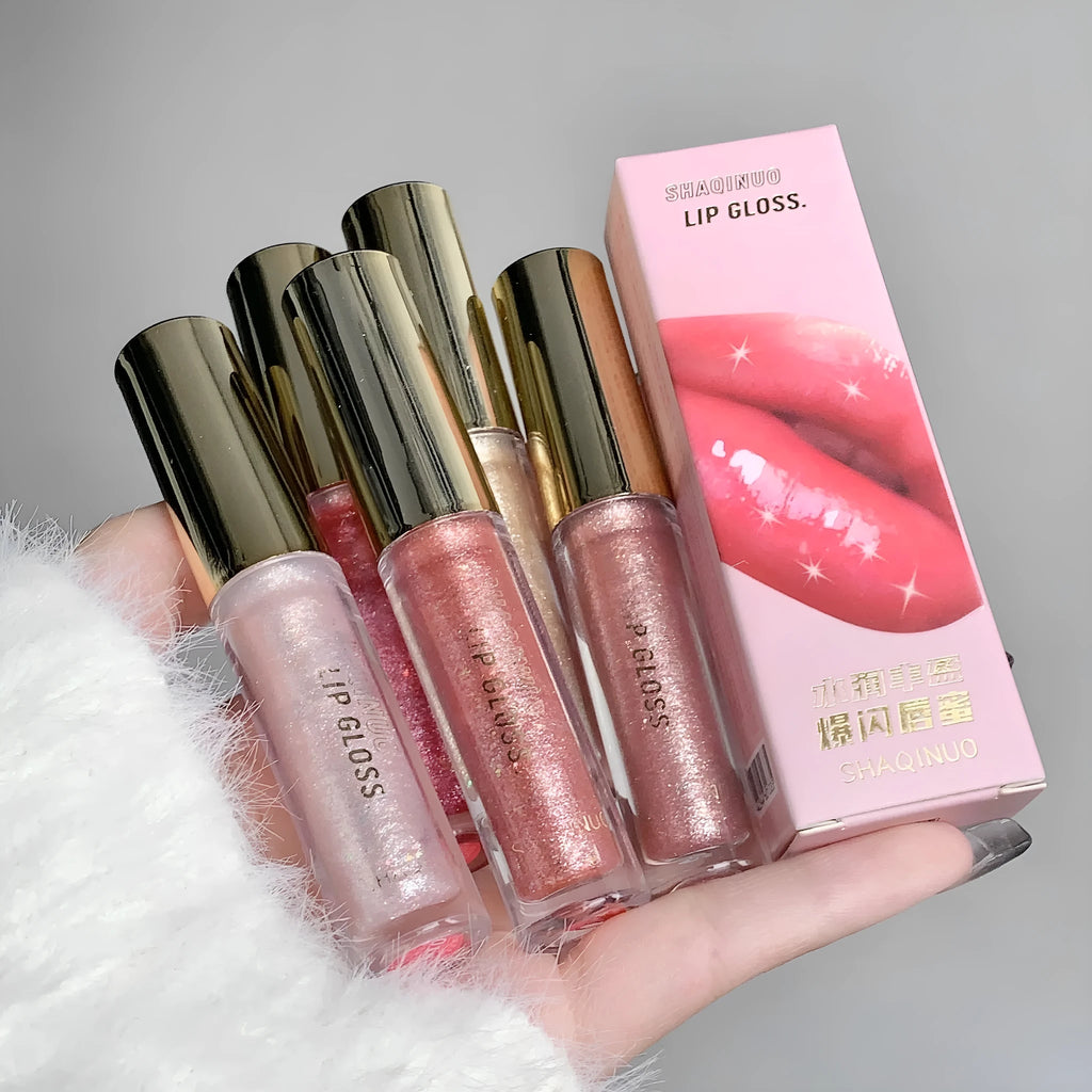 Shanuo Flash Lip Gloss tube showing water-light mirror lacquer in five colour options