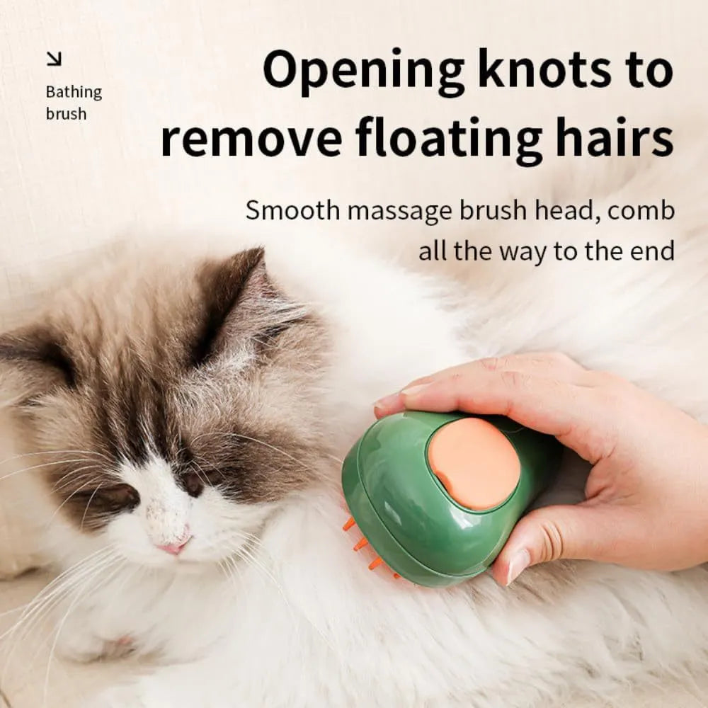 Green and white cat steam brush with water spray function and silicone teeth for pet grooming
