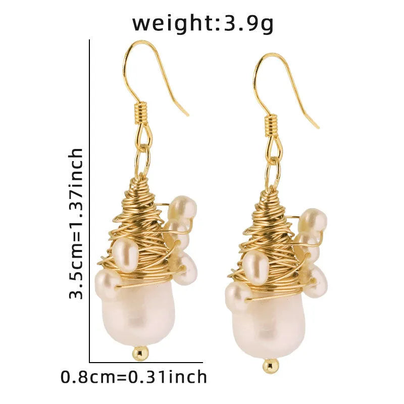 Natural pearl embellished wire-wrapped earrings handmade geometric round white for women