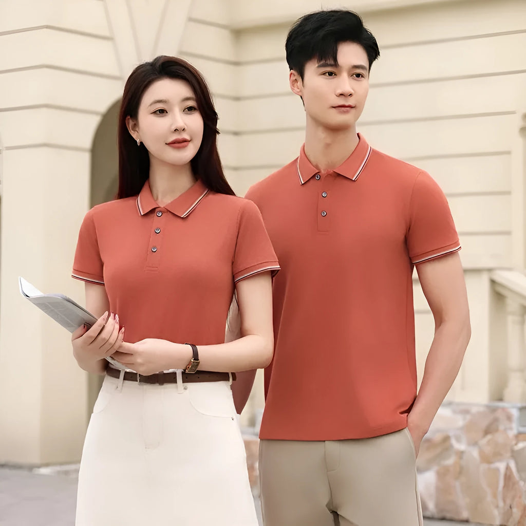 Solid colour ice silk polo shirt on a hanger, showing the collar and placket detail.