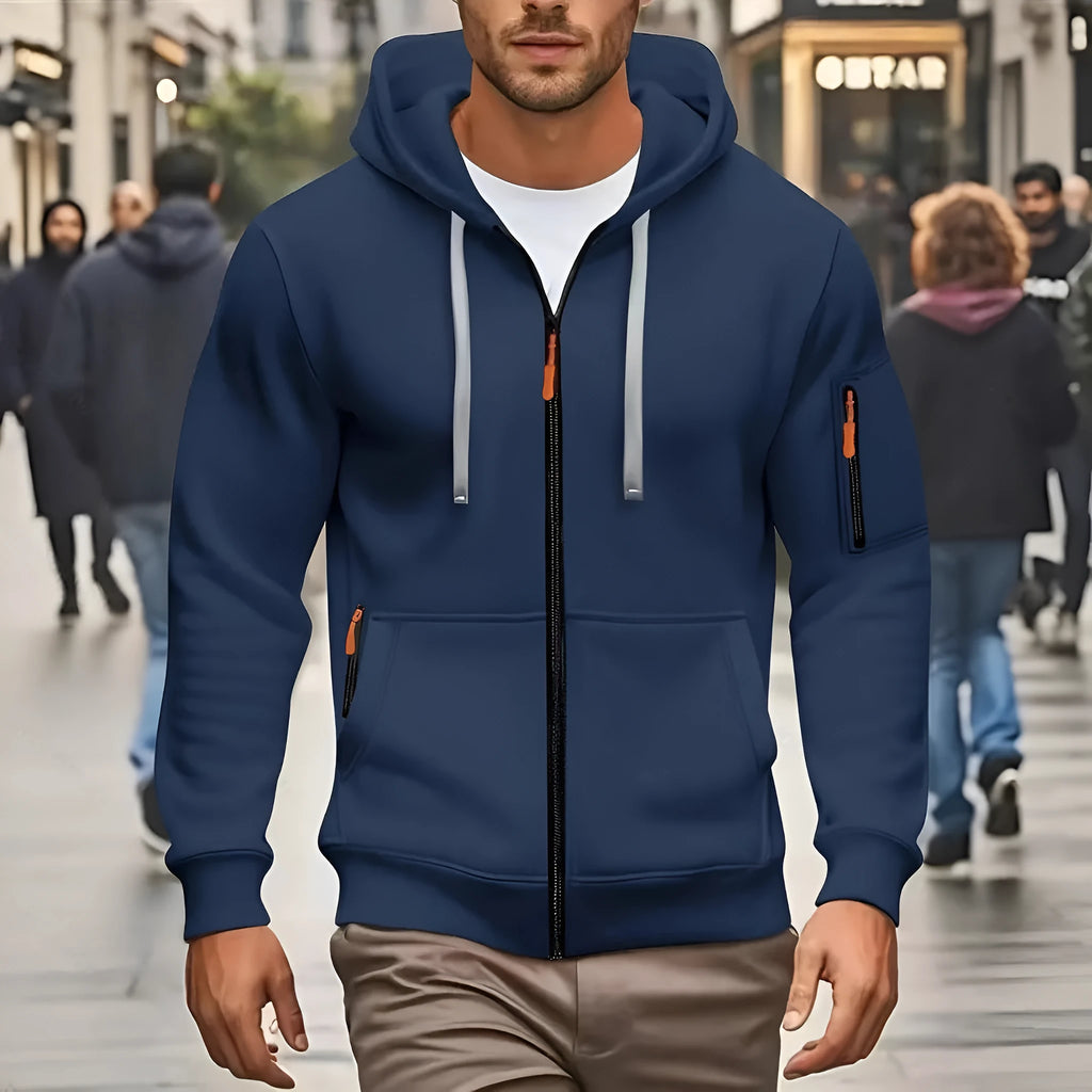 Men's hooded zipper sweatshirt cardigan coat in army green colour with wool lining
