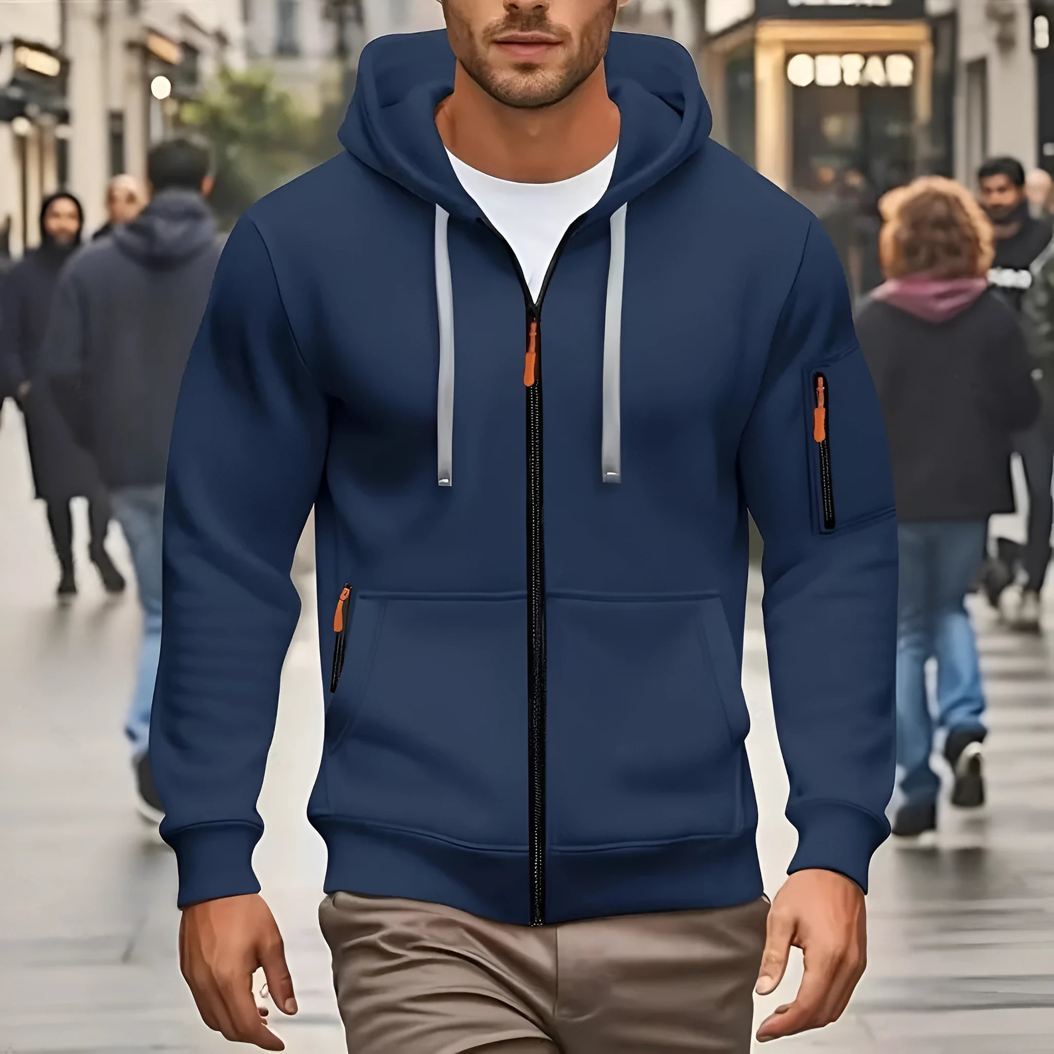 Men's hooded zipper sweatshirt cardigan coat in army green colour with wool lining