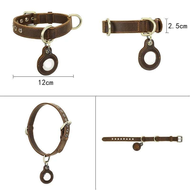 Brown genuine leather retro dog collar with double-sided cowhide construction and halter design
