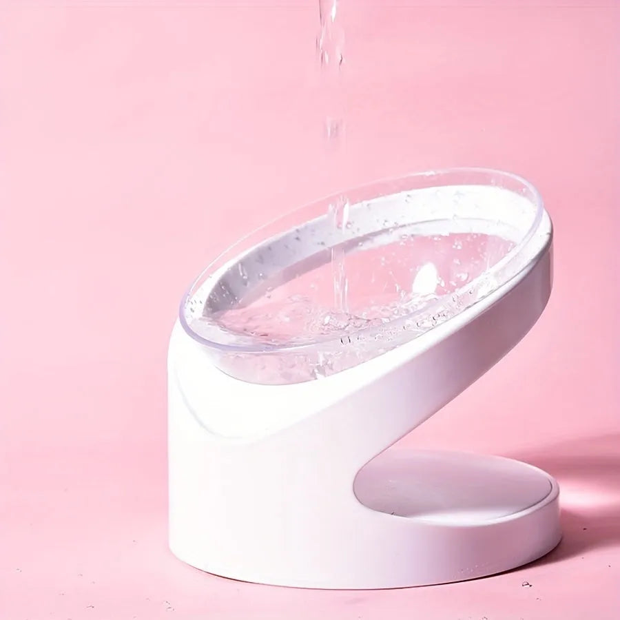 White elevated clear plastic cat food bowl with tilted design for anti-vomit feeding