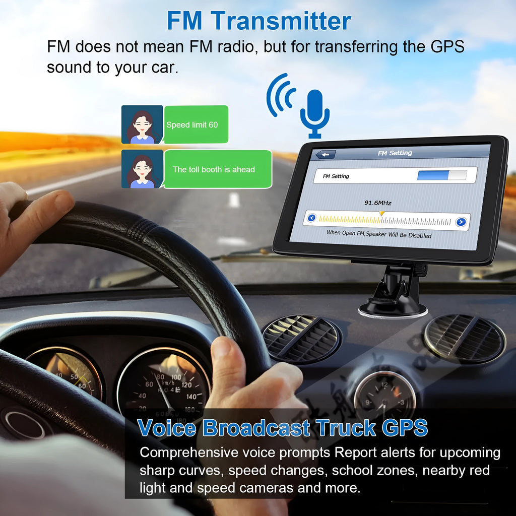 7-inch portable car GPS navigation device with touch screen on a dashboard mount