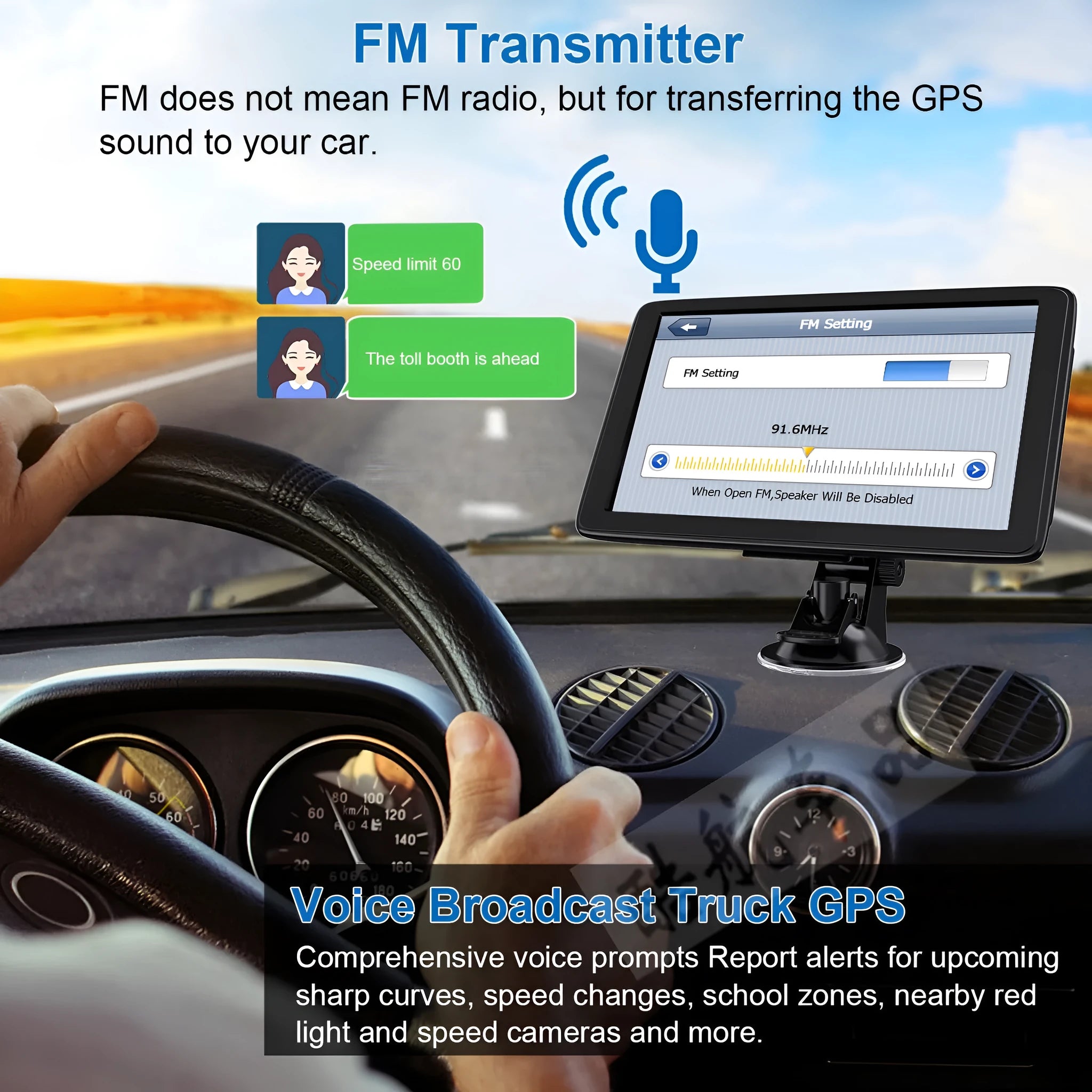 7-inch portable car GPS navigation device with touch screen on a dashboard mount