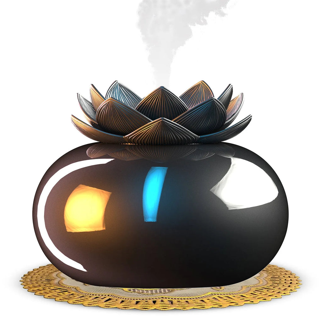 Pure black lotus-shaped aromatherapy humidifier with USB cable and single vapour outlet
