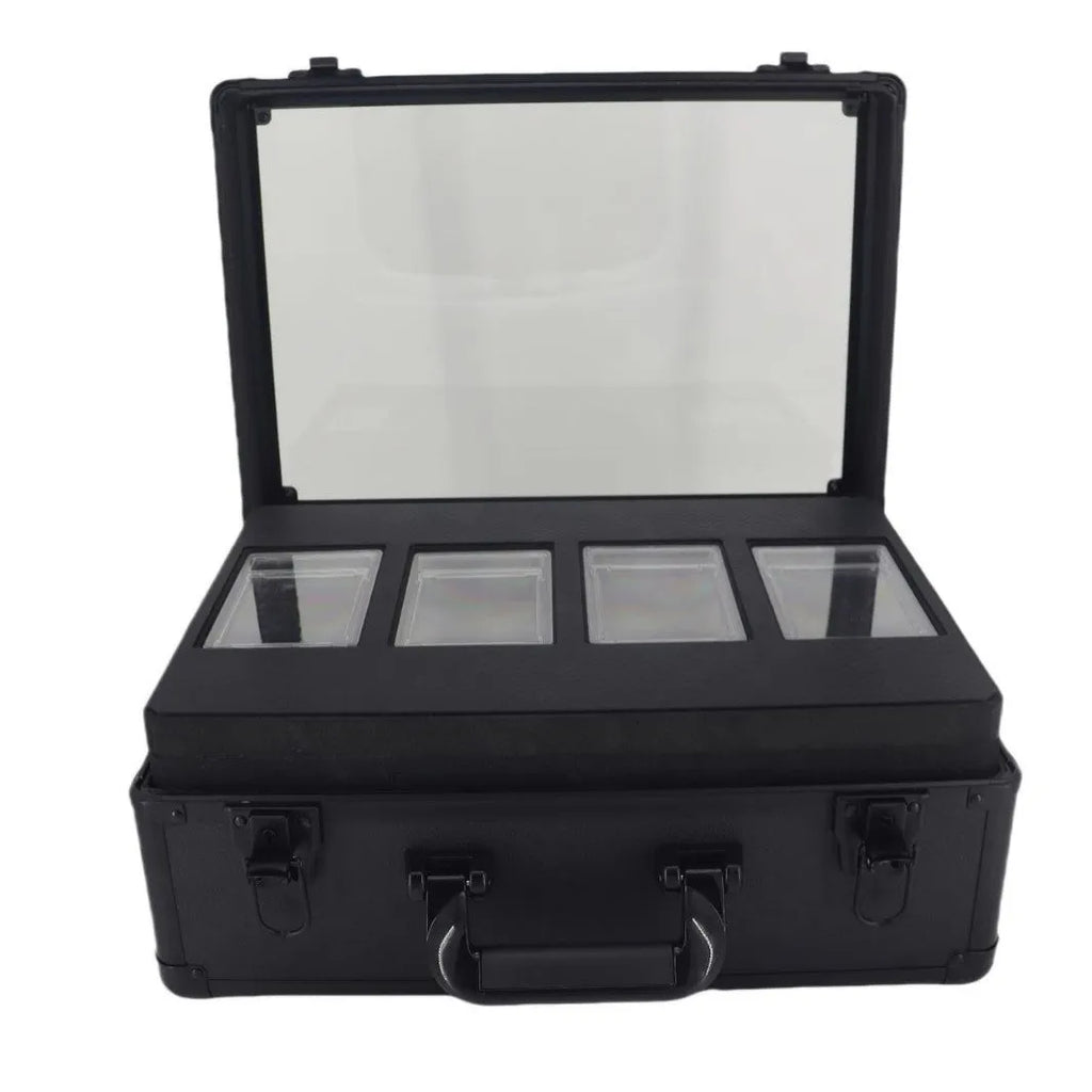 Black aluminium alloy three-slot portable magnetic brick storage box for PSA and BGS trading cards with handle